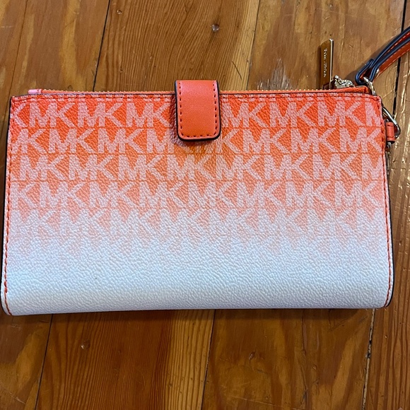 NWT Michael Kors Jet Set Large Ombré Logo Double Zip Wristlet Poppy - Picture 3 of 7
